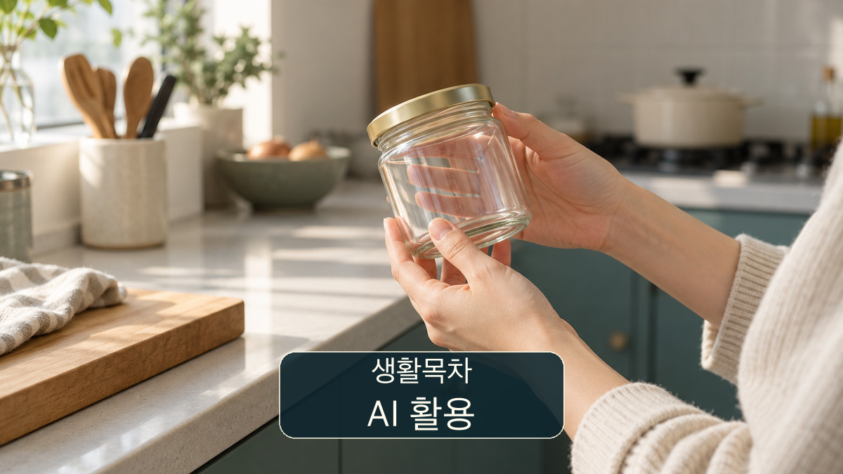 빈 무표기 유리병을 손으로 살피는 개념 장면. 실제 회수 상품 또는 라벨이 아님