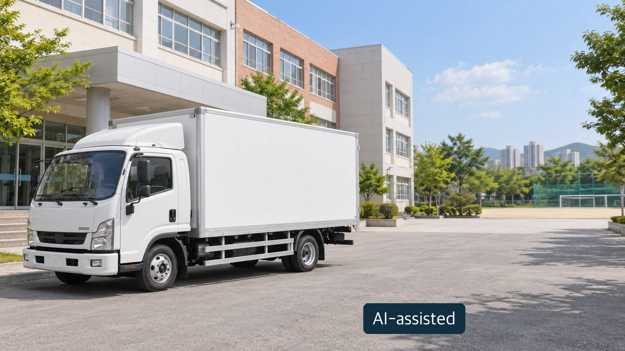 AI-assisted conceptual image of an unbranded white truck parked outside a school-like building; not the actual marine mobile classroom or a school visit.