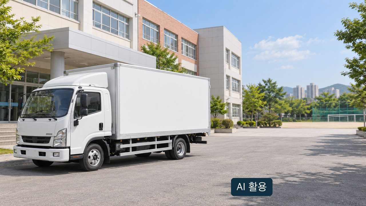 AI 활용 개념 사진: 학교처럼 보이는 건물 앞에 주차된 로고 없는 흰색 트럭. 이번 해양환경 이동교실의 실제 차량이나 학교 현장이 아닙니다.