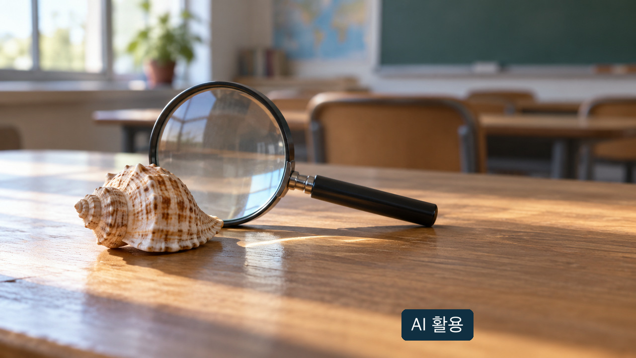 AI 활용 개념 사진: 빈 교실의 책상에 놓인 조개껍데기와 돋보기. 실제 이동교실 수업 장면이나 제공 교구를 재현한 사진이 아닙니다.