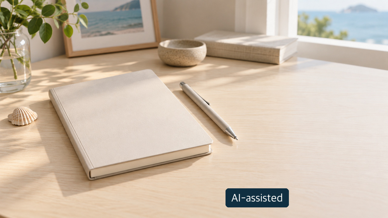 AI-assisted conceptual desk with a closed blank notebook, pen and small shell; not an application form, official schedule or acceptance notice.