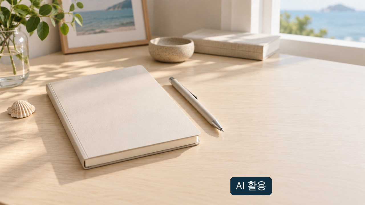 AI 활용 개념 사진: 창가 책상에 놓인 글자가 없는 닫힌 노트, 펜과 조개껍데기. 실제 신청서·공식 일정표나 접수 결과가 아닙니다.
