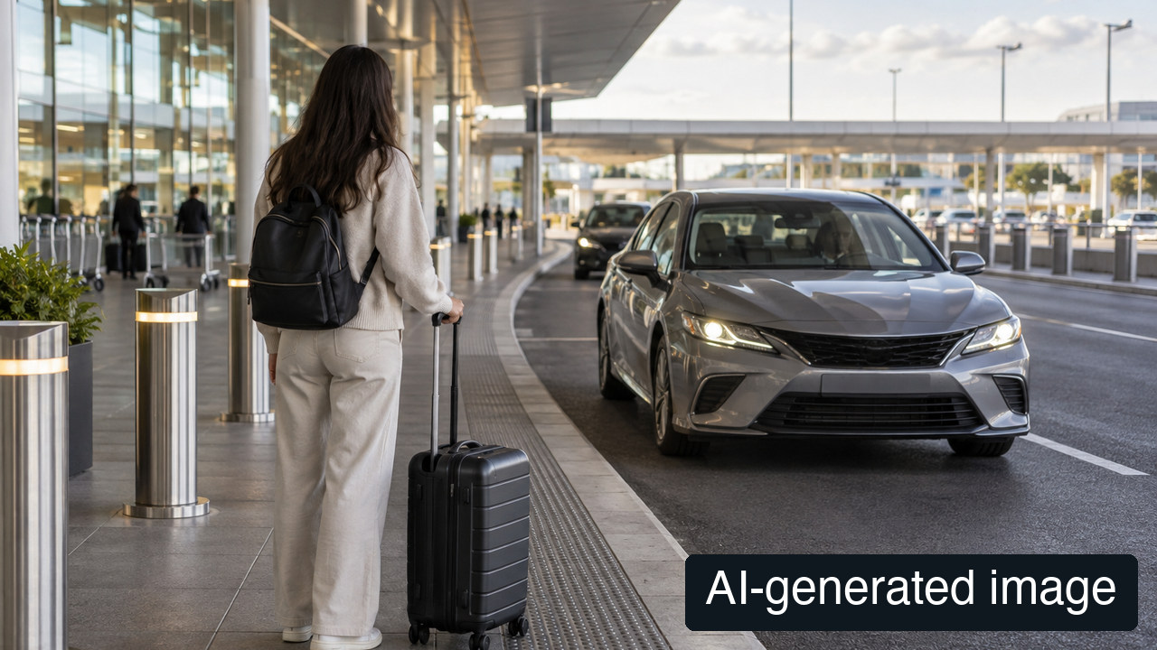 AI-generated conceptual vehicle collection scene, not a photograph or walking route of the T123 Transport Hub