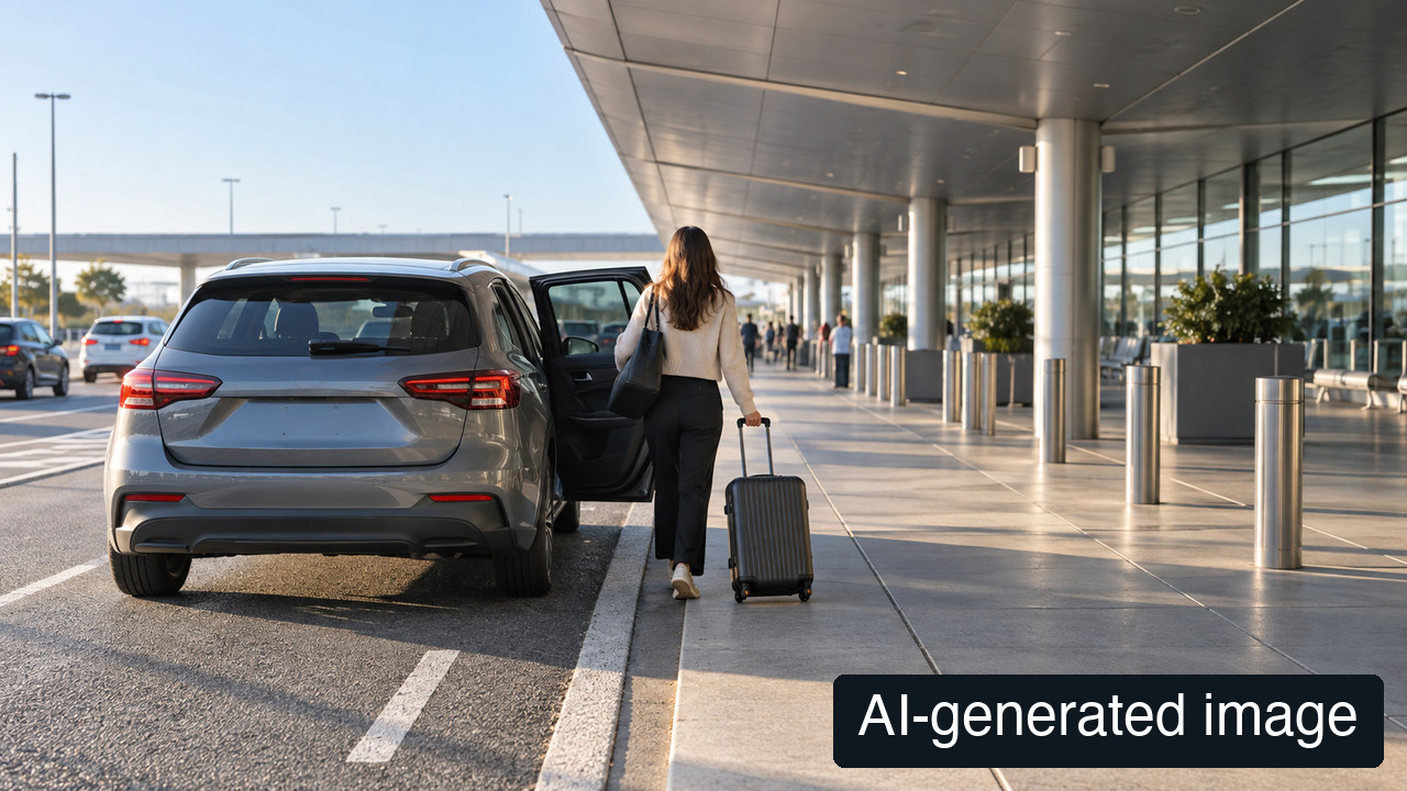 AI-generated conceptual passenger drop-off scene, not an actual Melbourne Airport entrance, sign or map
