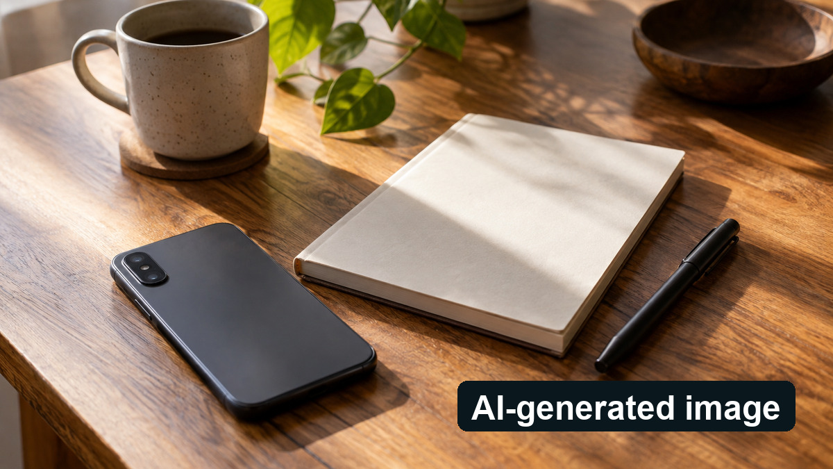 AI-generated image: Phone and blank notebook on an ordinary table