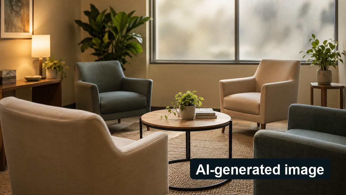 AI-generated image: Calm generic seating area, not an actual counseling facility