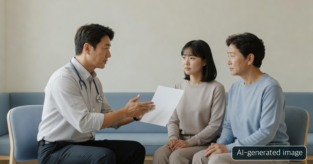 AI-generated conceptual consultation among a clinician, young patient and guardian; not a real clinic or patient