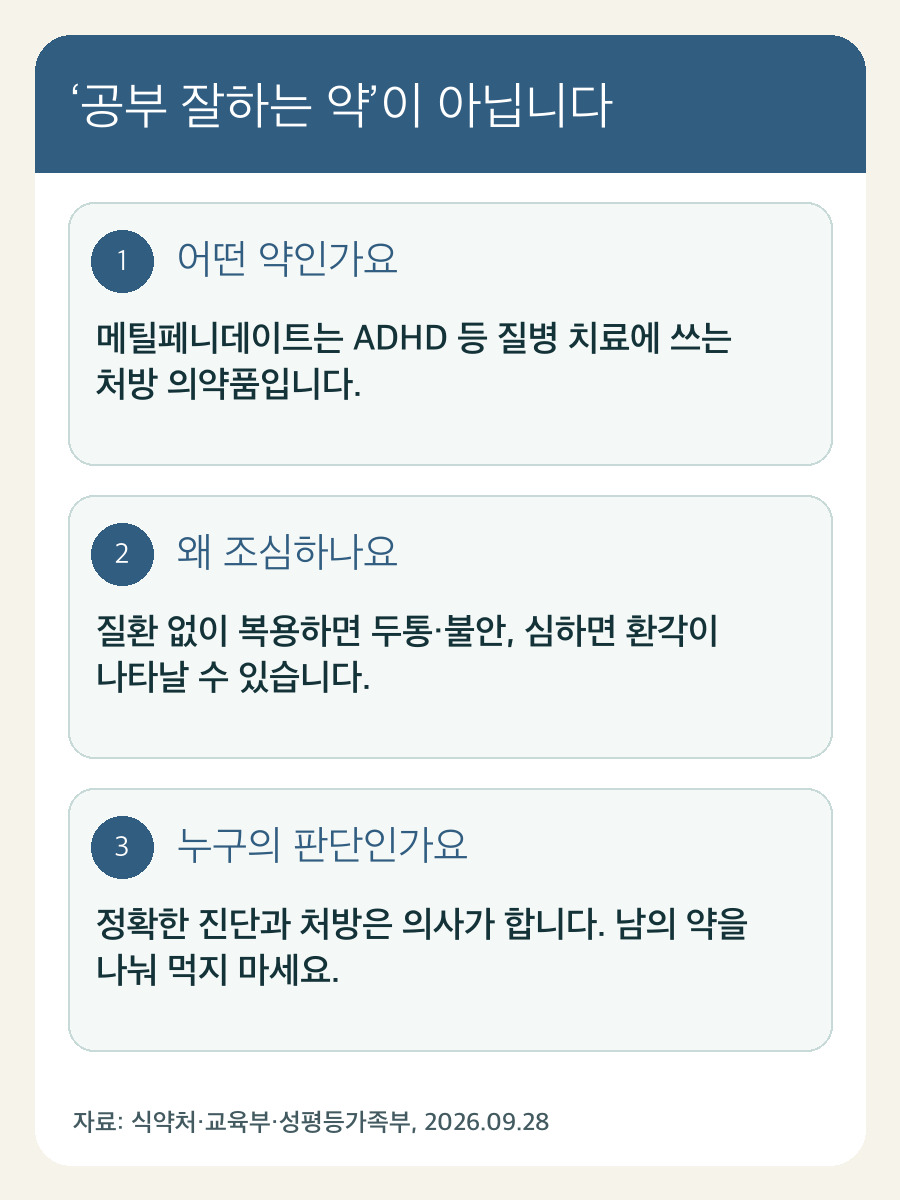 약의 치료 목적, 비처방 복용의 위험, 의사의 진단·처방을 구분한 자체 제작 카드