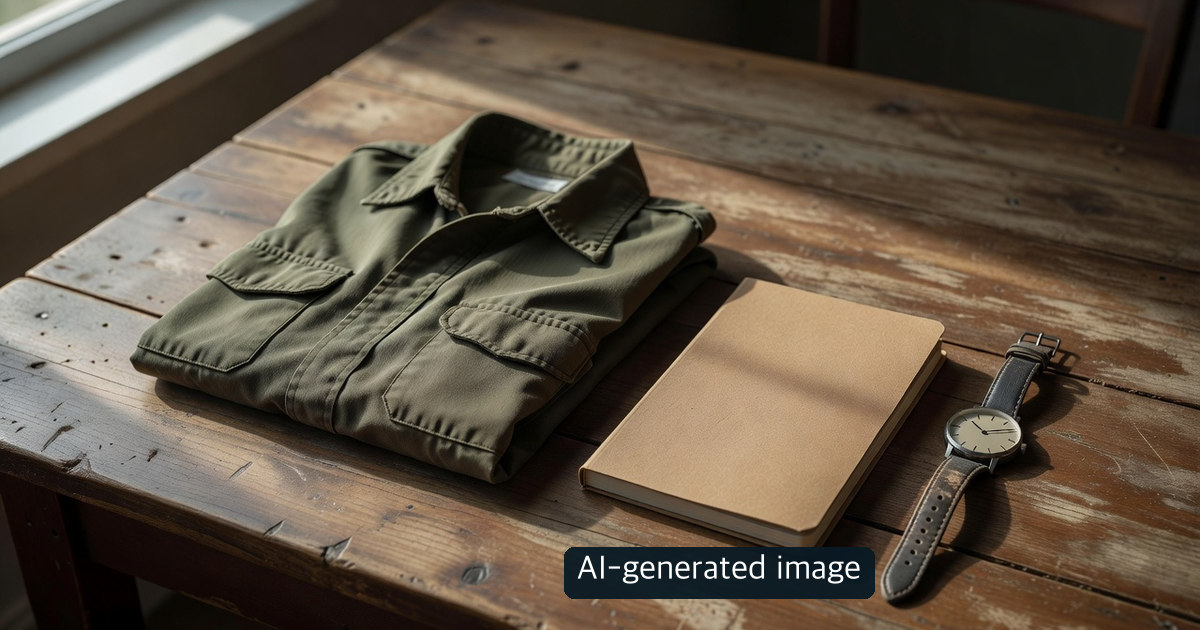 AI-generated image of folded clothing and a blank notebook, illustrating a service-date check