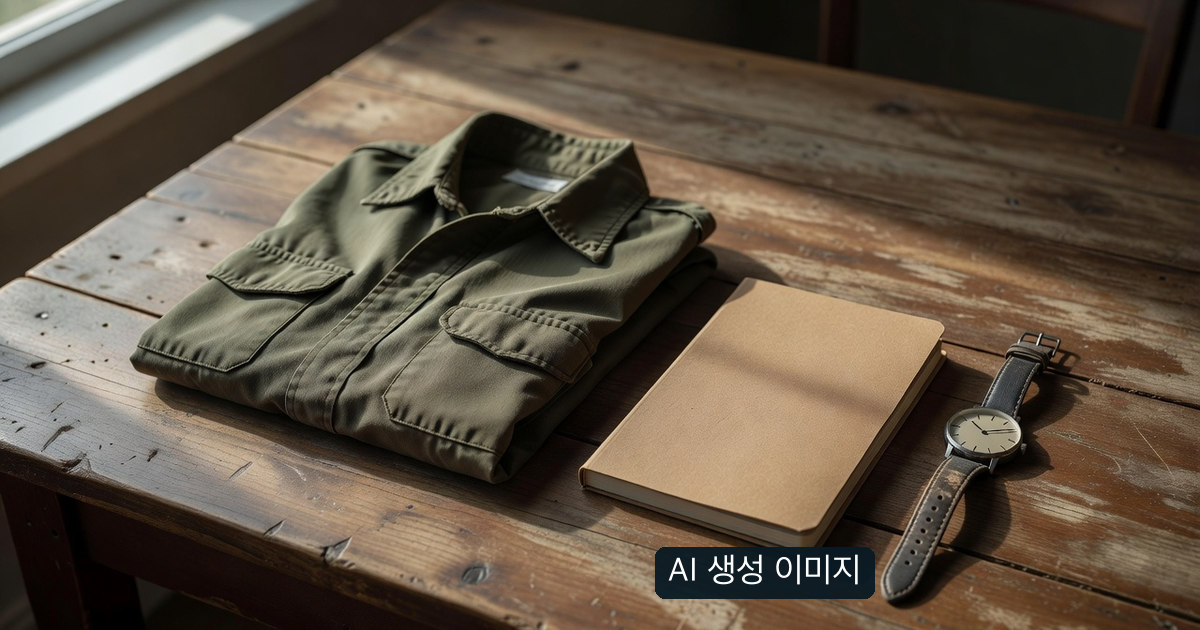복무 시점을 살피는 접힌 옷과 빈 수첩의 AI 생성 이미지