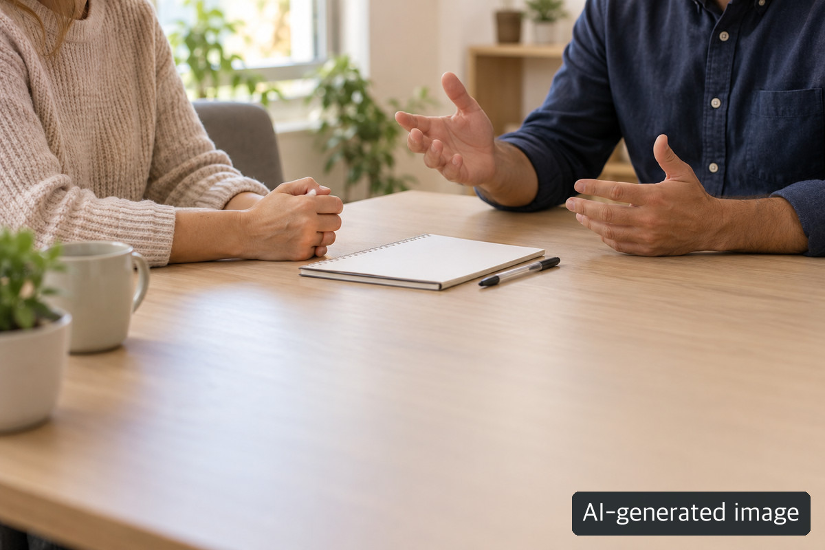 Two adults speaking across a table with an empty notebook.