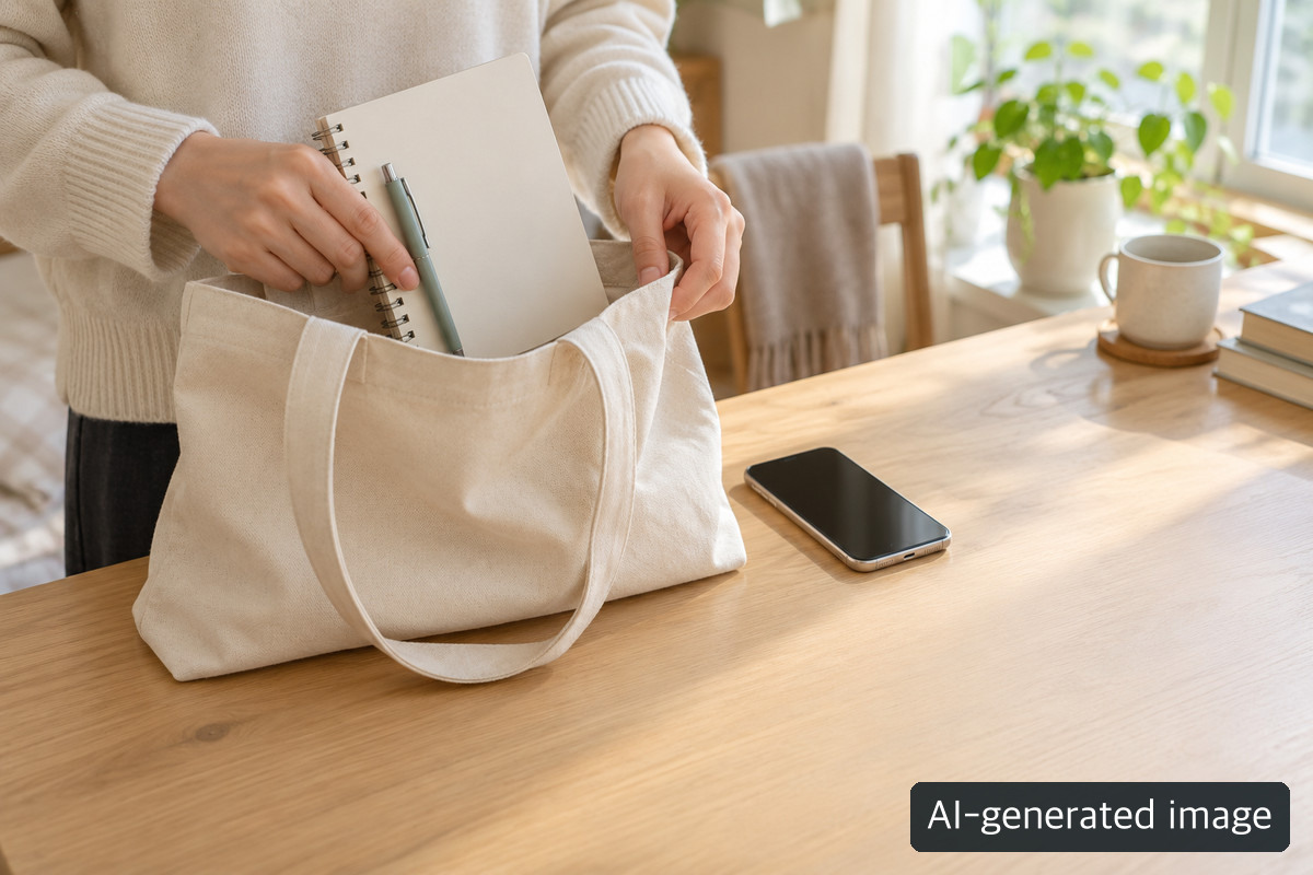 An empty notebook being put in a bag.