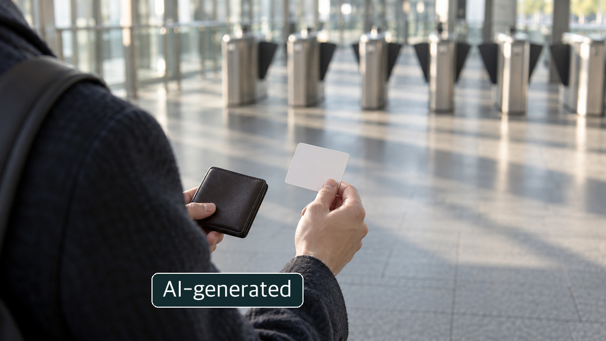 An unmarked card and wallet held near generic entry gates; not a real card number or service interface.