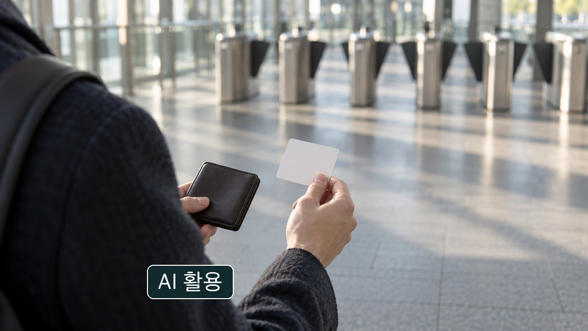 출입 게이트가 보이는 공간에서 지갑과 무표기 카드를 든 개념 이미지; 실제 모두의카드나 카드번호가 아님.