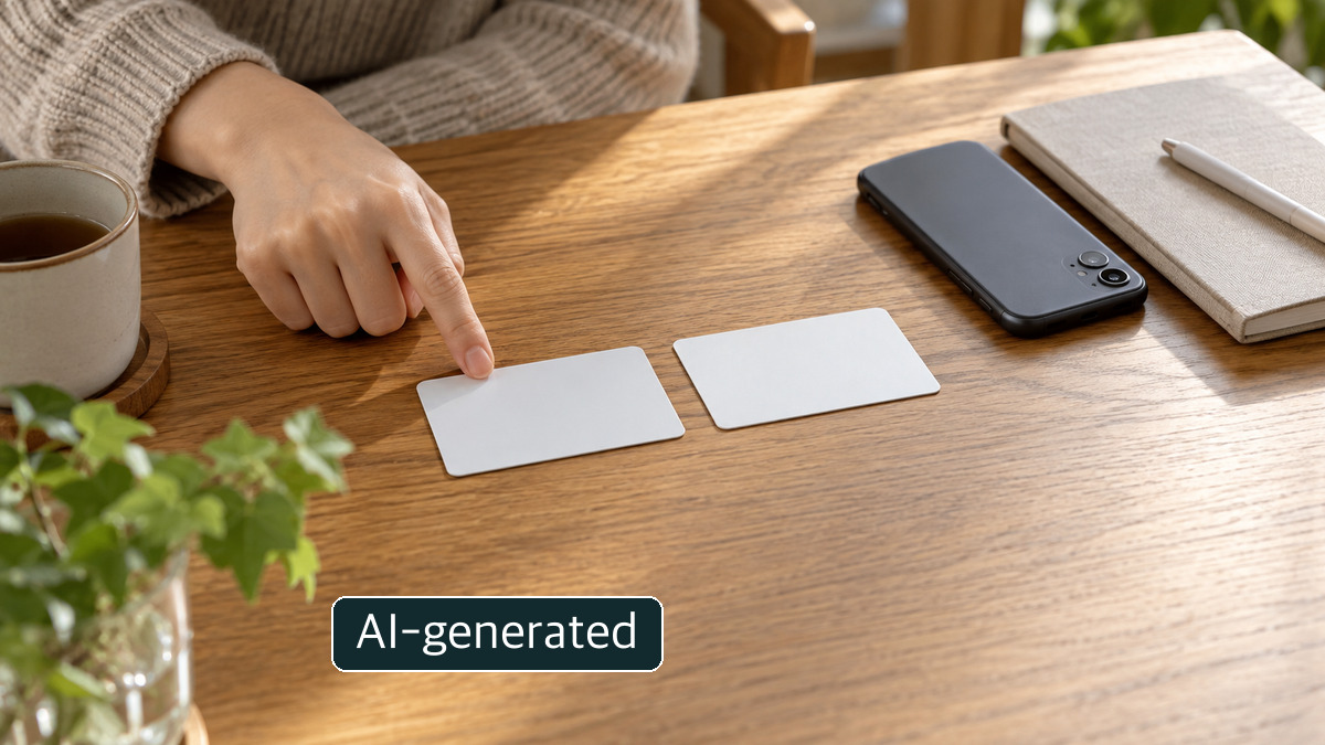 Two blank cards beside a face-down phone; not an actual service registration or account.