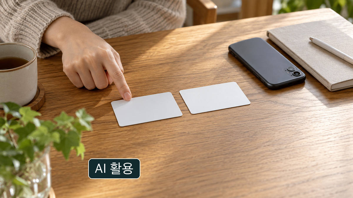 무표기 카드 두 장 옆에 화면이 보이지 않는 휴대전화가 놓인 개념 사진; 실제 서비스 화면이나 카드번호가 아님.