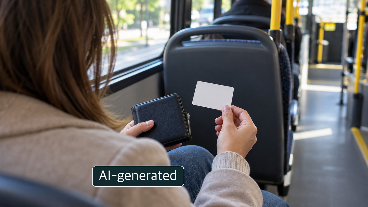 A generic bus commute with an unmarked card; not evidence of a particular fare or refund.
