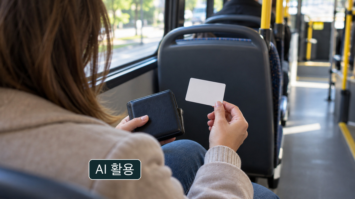 일반 교통시설에서 무표기 카드를 살펴보는 개념 사진; 실제 탑승·환급 결과가 아님.