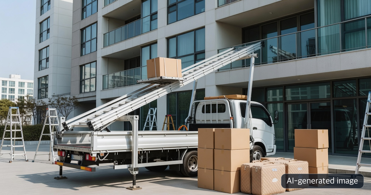 AI-generated image of a truck-mounted furniture ladder lift beside a high-rise apartment