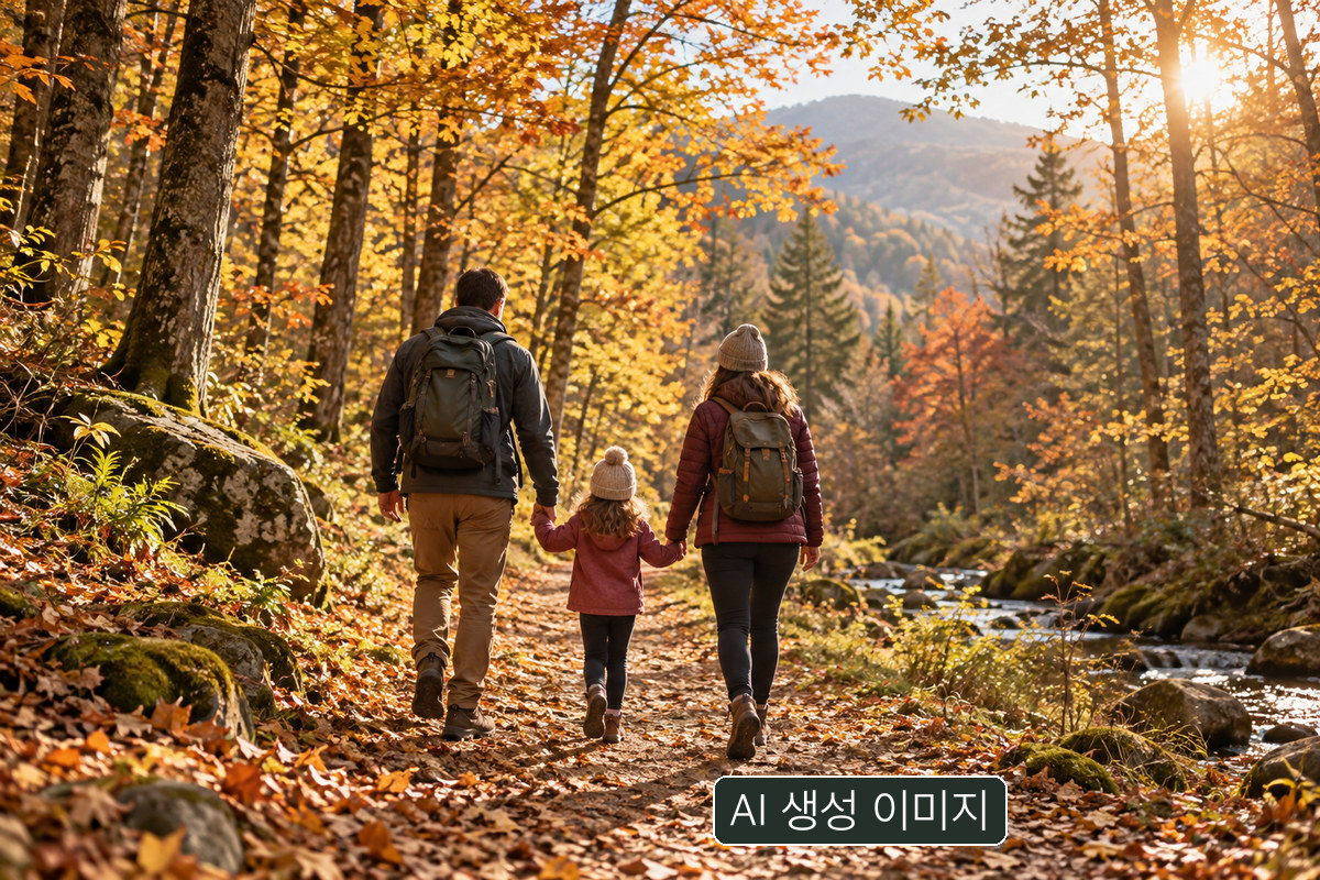 AI 생성 개념 사진: 숲길에서 뒷모습으로 보이는 가족. 중미산·산음 또는 다른 특정 행사 참가자의 실제 사진이 아닙니다.