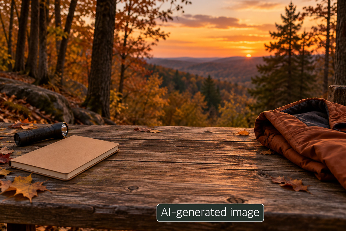 AI-generated conceptual still life with a closed notebook with an unmarked cover, a flashlight and a folded rust-orange outdoor jacket on a wooden table, not an actual booking confirmation.