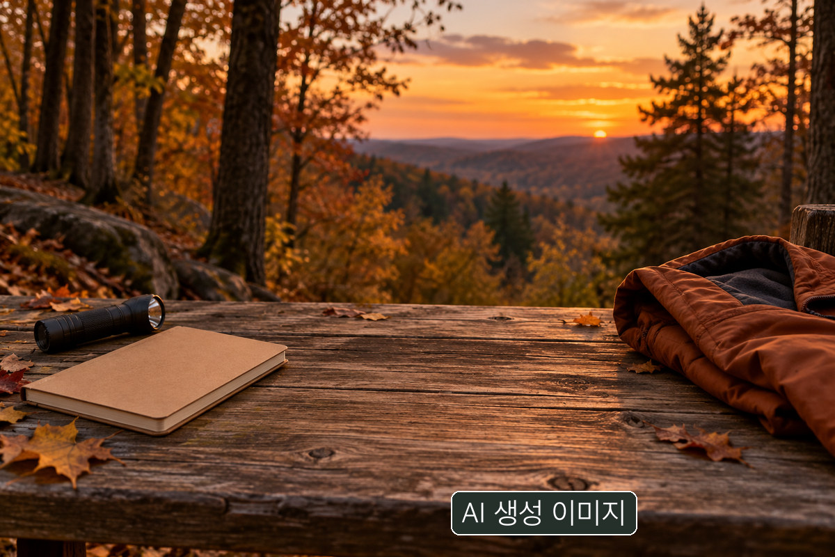 AI 생성 개념 사진: 나무 테이블 위의 닫힌 무지 표지 노트, 손전등과 접힌 주황빛 야외용 재킷. 실제 예약 확인서나 행사 도구가 아닙니다.