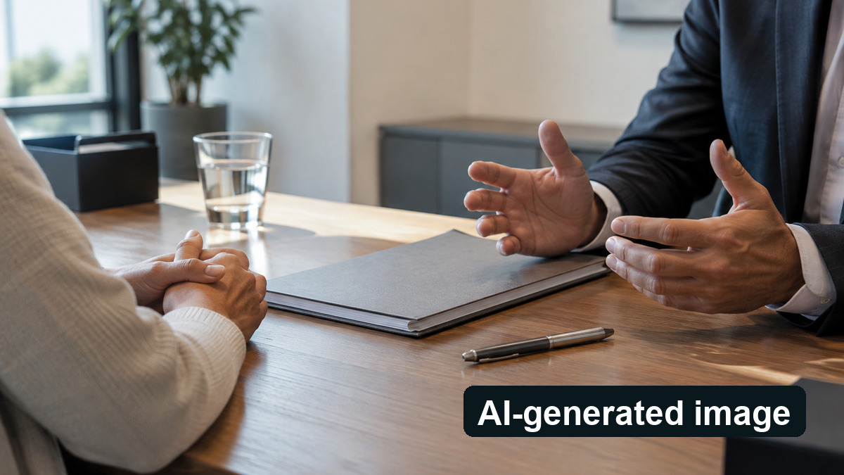 Generic conversation across a desk with a closed folder
