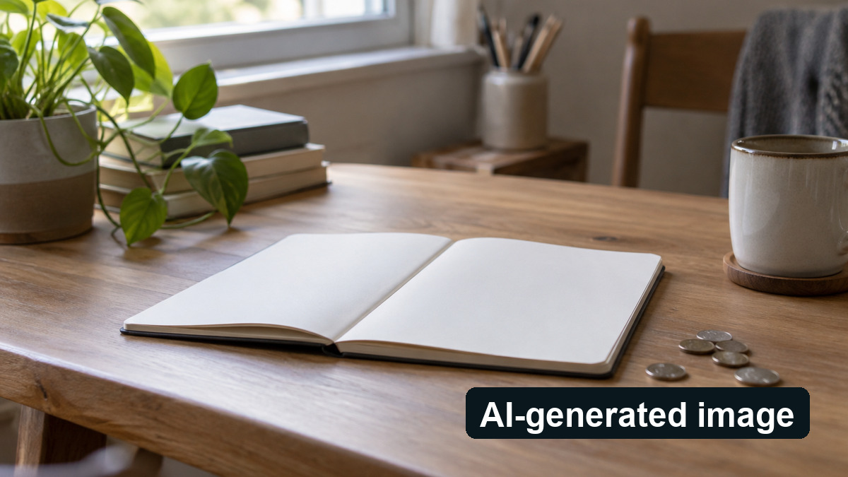 AI-generated image: Blank notebook and coins in an ordinary budgeting scene