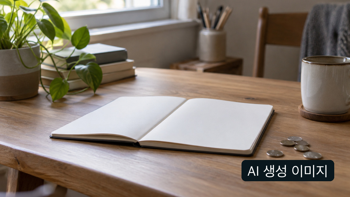 AI 생성 이미지: 빈 수첩과 동전을 둔 일반 예산 계획 장면