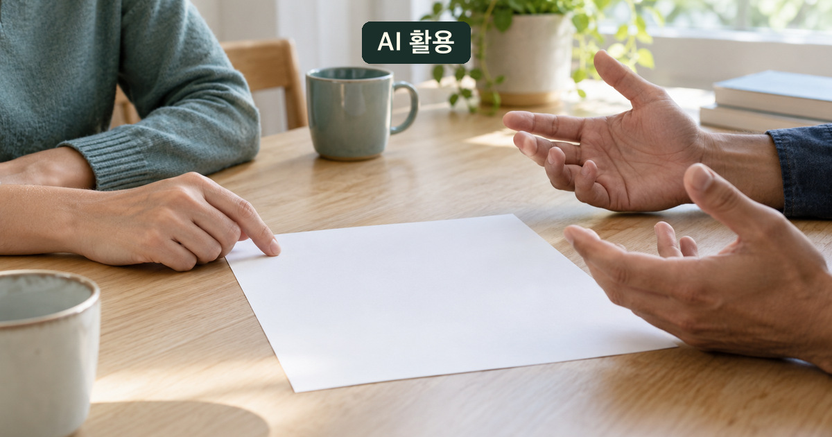 빈 종이를 놓고 두 사람이 이야기하는 AI 생성 개념 사진; 실제 연구참여 동의나 진료 장면이 아님