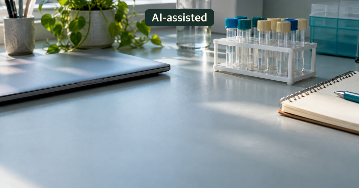 AI-generated conceptual workspace with a closed laptop and unmarked capped tubes; not real study data, results or a named biobank