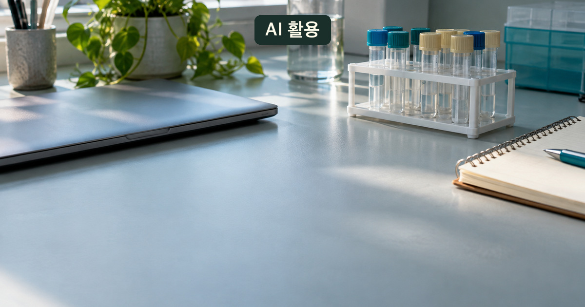닫힌 노트북과 표시 없는 뚜껑 닫힌 튜브가 놓인 AI 생성 연구공간 개념 사진; 실제 데이터나 연구 성과가 아님
