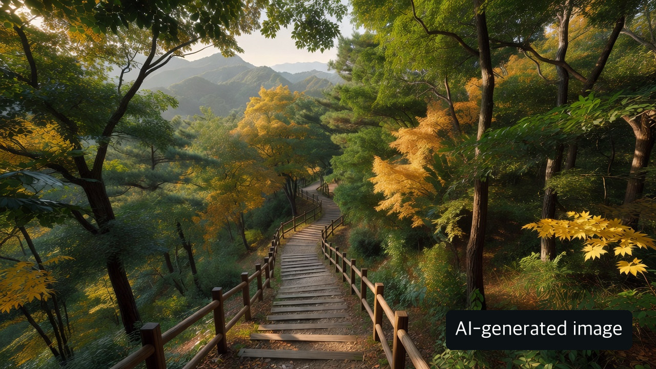 AI-generated generic autumn woodland path, not a photograph of a listed program location