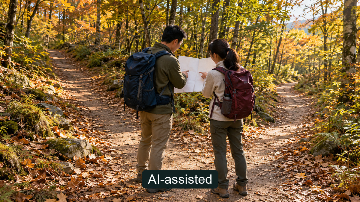 Conceptual scene of two hikers consulting an unreadable map near autumn paths; not documentation of a named Korean park, official grade marker or currently open trail.