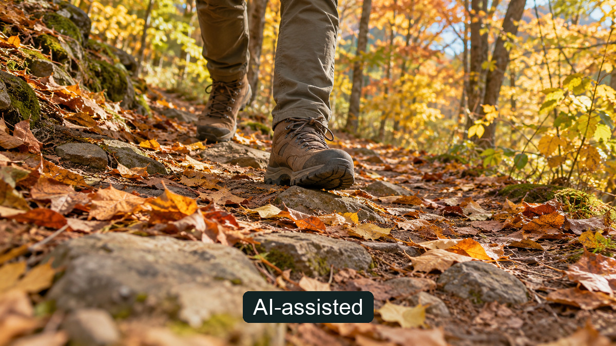 Conceptual close-up of unbranded boots on a sloped, leaf-strewn woodland trail; not evidence of a particular trail's surface or official grade.