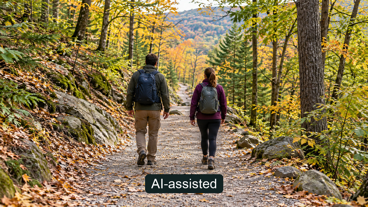 Conceptual scene of two hikers on a maintained autumn path in daylight; not evidence of a particular park's closing time, actual sunset or access status.