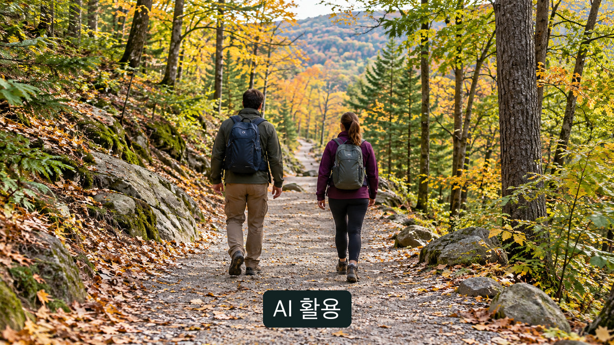 두 사람이 밝은 낮에 관리된 가을 숲길을 따라 걸어 내려가는 개념 장면. 실제 일몰 시간이나 특정 탐방로의 개방 정보를 나타내지 않습니다.