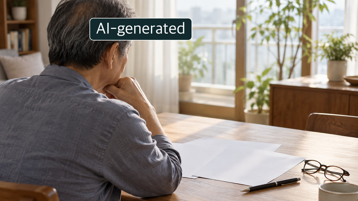 AI-generated image: An older man sits at a wooden table facing a bright window, with paper, glasses and a pen nearby