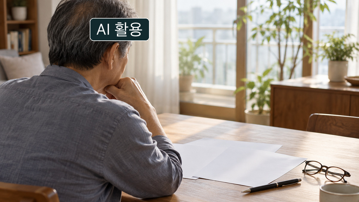 창가의 나무 탁자에 앉아 턱에 손을 댄 노인의 뒷모습. 종이와 안경, 펜이 놓여 있다
