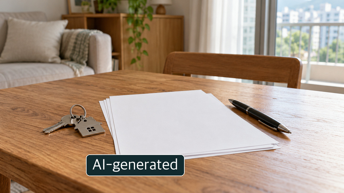 House keys, blank papers and a pen on a wooden table