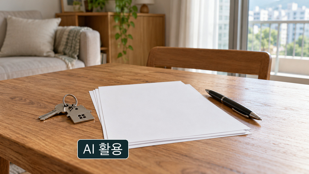 집 열쇠와 빈 종이, 펜이 놓인 나무 탁자
