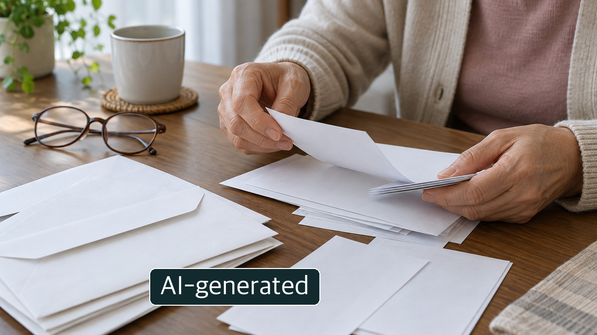 Older adult’s hands sorting plain white papers on a table beside glasses and a cup