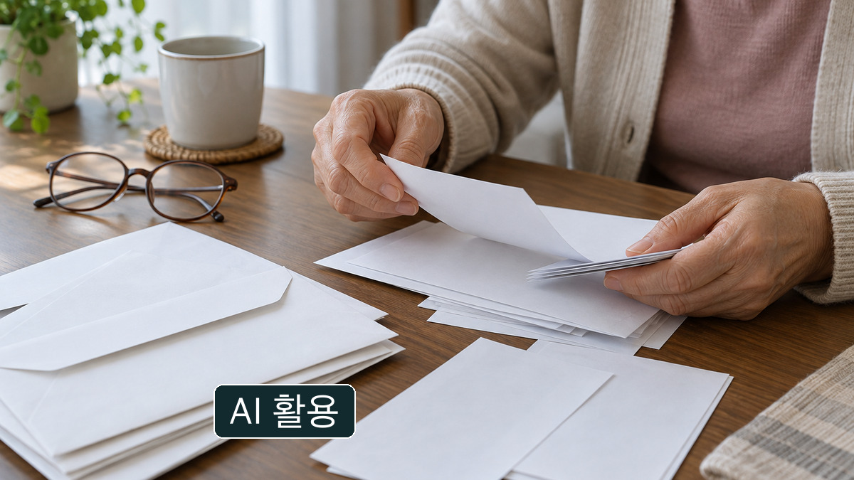 노인이 나무 탁자 위에서 흰 종이를 정리하는 손과 옆에 놓인 안경, 컵