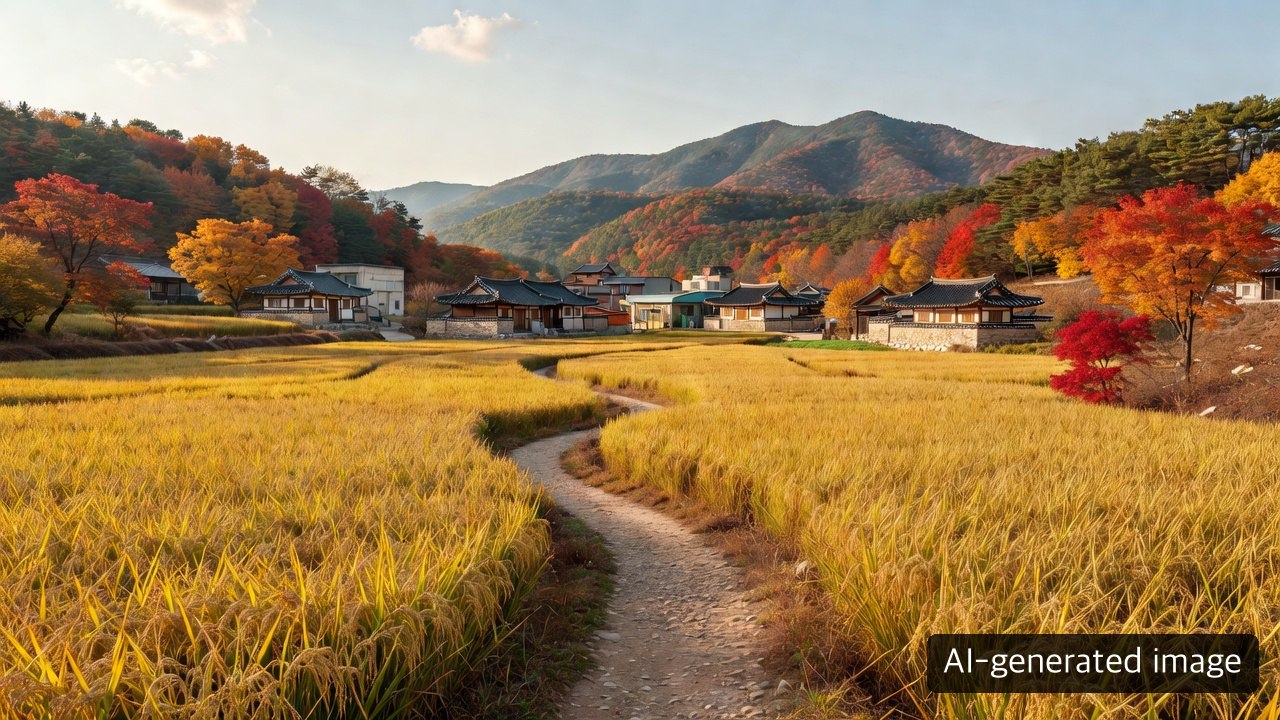 AI-generated image of a rural Korean autumn travel route