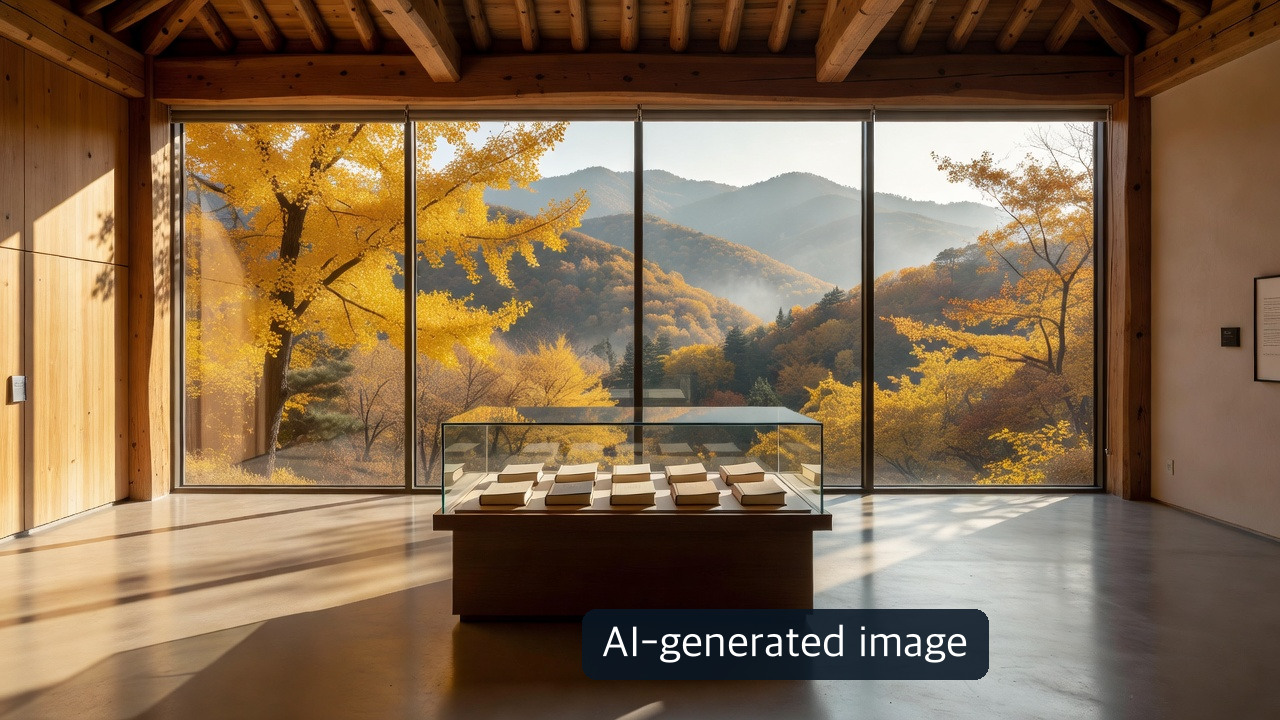 AI-generated conceptual archive pavilion in autumn, not the actual museum or exhibition