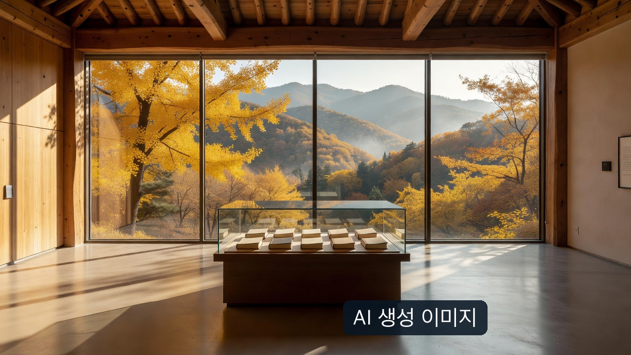 AI 생성 가상 기록 전시공간과 가을 산자락. 실제 국립조선왕조실록박물관 또는 전시 사진이 아님