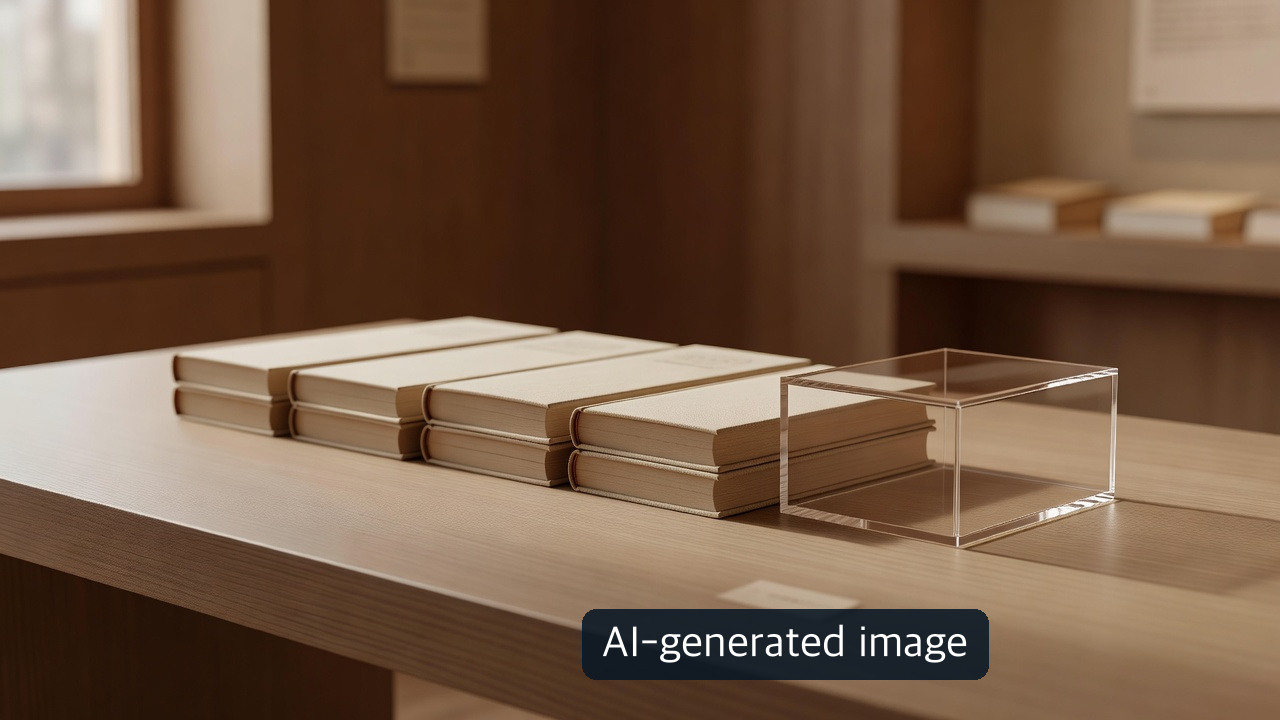 AI-generated conceptual blank-cover books and display case, not real royal protocols or exhibition objects