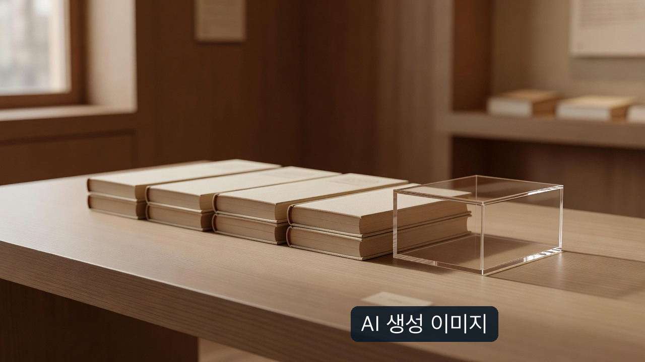AI 생성 가상 전시 장면의 빈 표지 책과 케이스. 실제 의궤·전시품 사진이 아님