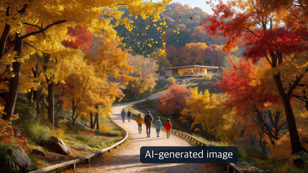 AI-generated conceptual autumn path and cultural pavilion, not the museum approach, route or present foliage conditions