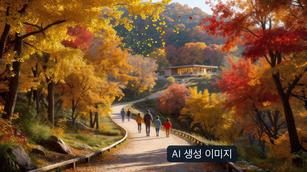 AI 생성 가을 산책길과 가상 문화관. 실제 박물관 진입로·방문 동선·단풍 현황이 아님